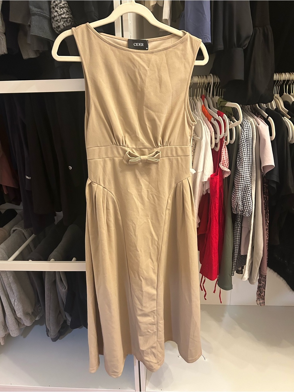 Cider Neutral-Beige Bow Waist Midi Dress